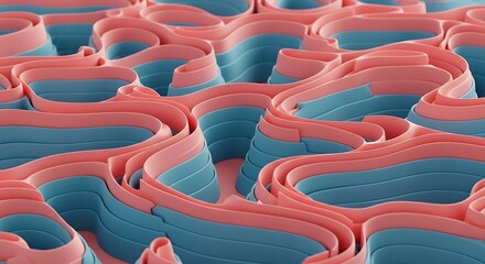 Obraz premium Closeup macro view of abstract undulating layers of pink and blue material, resembling a topographical map or organic surface