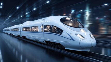 Fototapeta premium High-Speed Modern Train Traveling Through A Futuristic Cityscape At Night With Blurred Lights