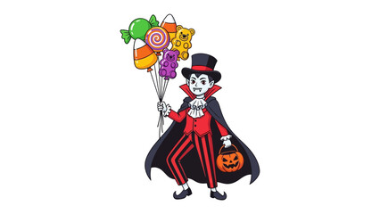 Vampire and Candy: A charming vampire, dressed in a traditional costume, holds a delightful bouquet of candies and a Jack-o'-Lantern, perfectly embodying the spirit of Halloween.