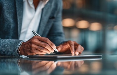 Businessperson Writing on Tablet. It shows a professional writing on a tablet. Ideal for business presentations, corporate training materials, or digital workflow - related content.