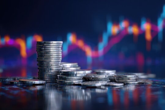 A stack of coins is front and center, with an abstract graph as a blurred backdrop - Powered by Adobe