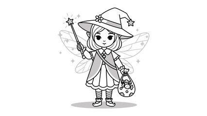 Whimsical Fairy Wizard: A captivating illustration showcases a charming fairy dressed as a wizard, with a magic wand and a small bag. Embracing fantasy and imagination.