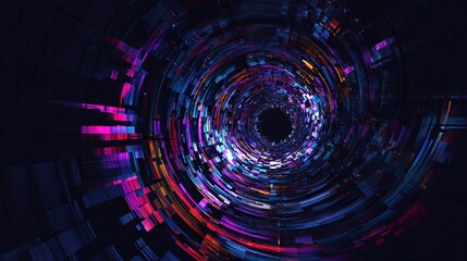 Abstract tunnel of colorful geometric shapes, receding toward a black center, radiating light