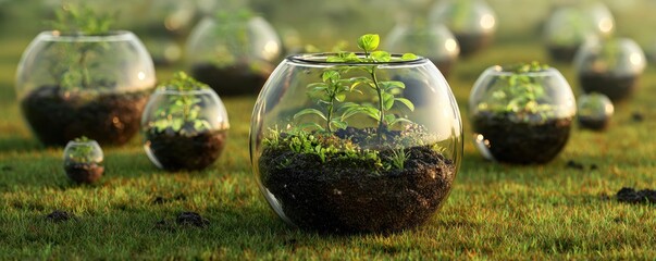 Glass Terrariums with Lush Green Plants on Mossy Ground.