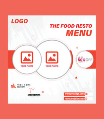 Food menu and restaurant social media marketing web banner template. Healthy fast food business website background. Pizza or burger online sale promotion flyer with logo and icon. Food video thumbnail