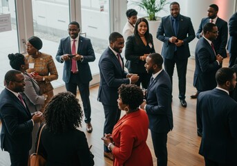 Dynamic Black business leaders confidently connect and collaborate at a modern professional event, building valuable relationships and future success.