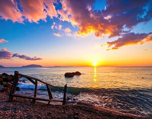 Dramatic Sunset Over Sea Water Reflecting Golden Light with Colorful Clouds and Horizon, Shoreline with Rocks and Wooden Fence in Foreground