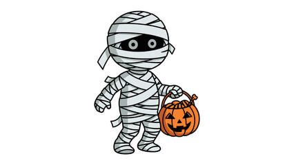 Spooky Mummy with Halloween Pumpkin: This whimsical illustration features a cheerful mummy carrying a jack-o'-lantern bucket, exuding playful vibes for the Halloween season.
