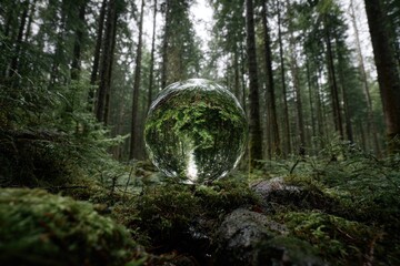 Glass Sphere Reflecting Lush Green Forest Environment.