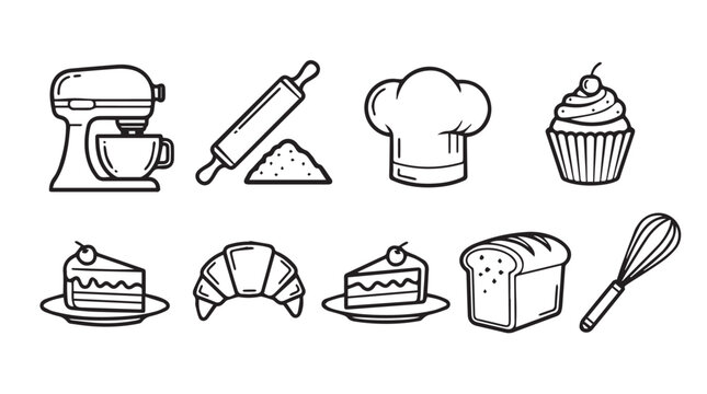 Hand drawn baking icons collection featuring mixer rolling pin chef hat cupcake croissant bread and cake slices vector