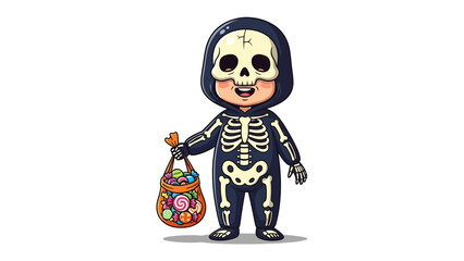 Obraz premium Spooky Specter's Sweet Haul: A cartoon depiction of a delightful child in a skeleton costume, gleefully clutching a candy bag, embodies the playful spirit of Halloween.