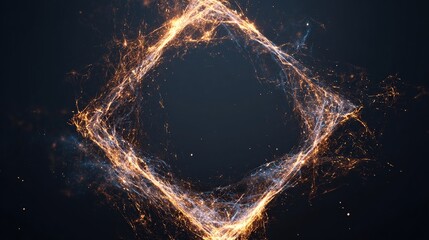 An abstract, glowing diamond-shaped structure emitting golden particles on a dark, speckled background