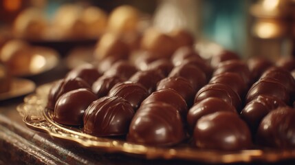 Obraz premium A beautiful arrangement of rich, dark chocolate confections on a decorative platter, ideal for dessert lovers.