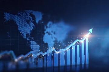 Conceptual graphic showing blue bar chart and upward arrow, over blurred world map background