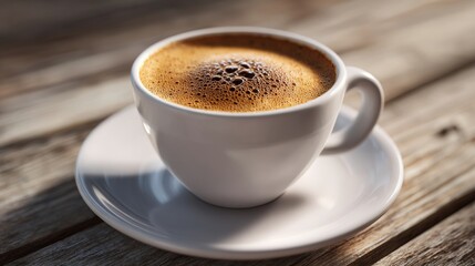 Fototapeta premium A close-up view of a steaming cup of coffee on a rustic wooden table, highlighting its rich texture and warm colors.