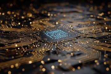 Detailed shot of a central processing unit with circuits and glowing accents