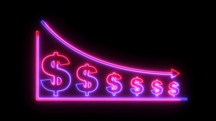 Abstract neon line dollar business graph animation. Money loss. Cash with down arrow stocks graph, concept of financial crisis, market fall. Declining profits financial graph animation with down arrow
