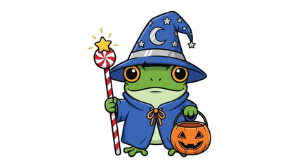 Mystical frog wizard: A charming illustration depicts a whimsical frog in a wizard's attire, complete with a pointy hat, a spellbinding wand, and a festive pumpkin bucket.