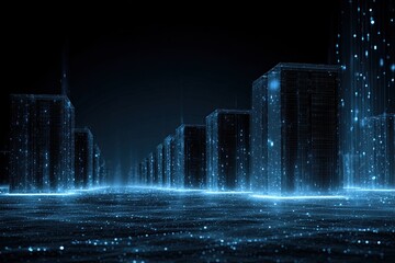 Digital cityscape depicts data servers and flowing particles. Futuristic and technological concept