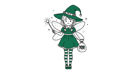 Enchanting Witch Fairy: A whimsical illustration of a captivating witch fairy, adorned in a witch hat and enchanting wand, ready to sprinkle fairy dust and weave magical spells.