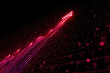 Futuristic, upward-pointing arrow graphic, with light trails, against a dark geometric backdrop