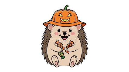 Cute Hedgehog Halloween Celebration: A cheerful hedgehog wears a carved pumpkin hat and clutches candy, celebrating the spirit of Halloween.
