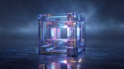 Translucent cube structure, glowing with interior pink and blue, on a reflecting surface