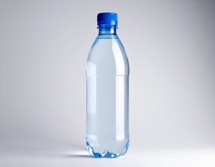 Fototapeta premium Clear plastic water bottle with blue cap, filled with water, standing upright on white surface against neutral gray background.