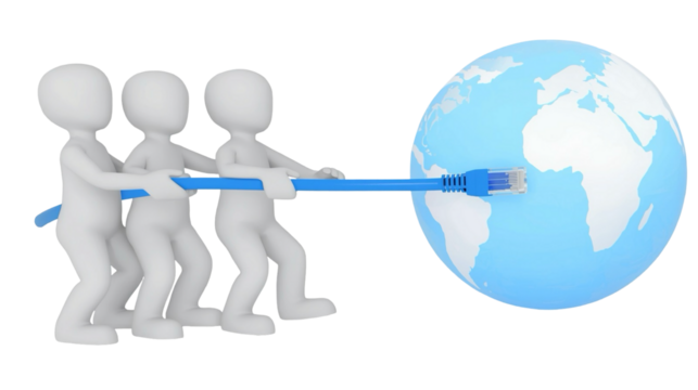 Conceptual Stick Figure Team Connecting Globe with Cable Connection Illustration