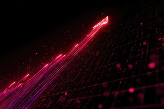 Futuristic, upward-pointing arrow graphic, with light trails, against a dark geometric backdrop - Powered by Adobe