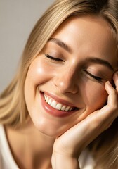 Fototapeta premium Closeup portrait of a smiling young woman with blonde hair and freckles, resting her chin on her hand with eyes closed, conveying happiness and serenity