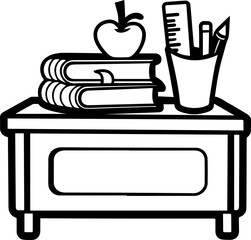 SVG vector illustration of school stationery, books, and students.Stack of Books with Stationery Items and Study Tools