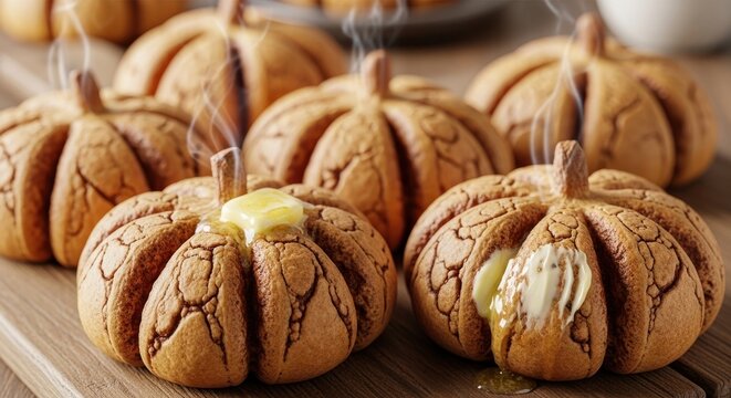 Fresh pumpkin shaped rolls with melting butter on a wooden cutting board - Powered by Adobe