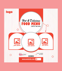Food menu and restaurant social media marketing web banner template. Healthy fast food business website background. Pizza or burger online sale promotion flyer with logo and icon. Food video thumbnail