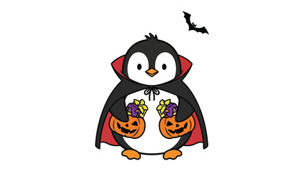 Halloween Penguin Delight: A charming cartoon penguin dons a vampire cape and holds two pumpkin baskets. Capturing the spooky cheer of Halloween!