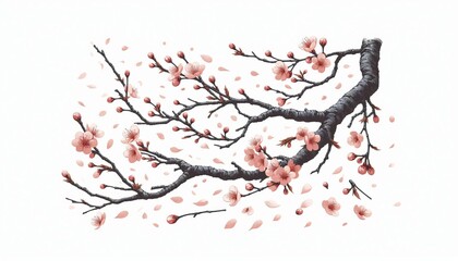 Fototapeta premium Illustration of fallen cherry blossom stems in Japanese spring on a white background.