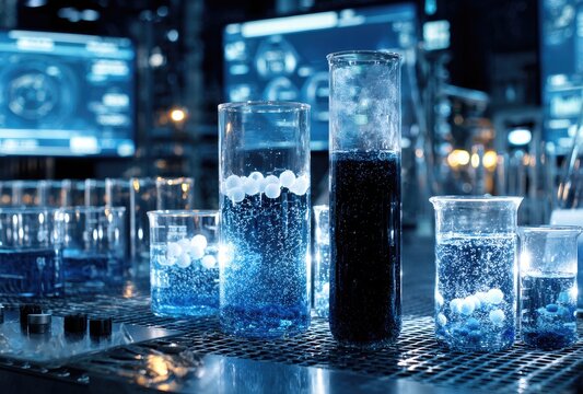 Sci-fi lab glassware, blue and dark solutions, glowing spheres
