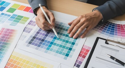 Photo of designers hands selecting colors from a vibrant palette, showcasing a creative process for a design project with various color samples