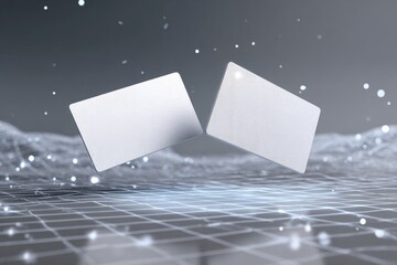 Two blank, floating rectangular objects are featured against a textured, hazy background with sparkling lights