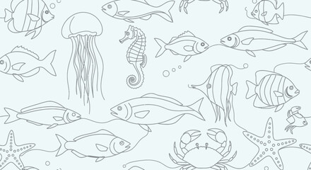 Obraz premium Whimsical hand drawn underwater sea creatures and marine life illustration in a repeating pattern perfect for children's textiles and decor