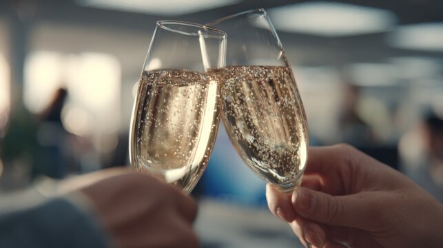 Two hands clinking champagne glasses in celebration, showcasing a joyful and elegant atmosphere.