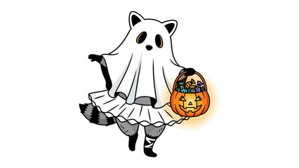 Spooky Raccoon Celebration: A whimsical illustration showcasing a raccoon dressed as a charming ghost for Halloween, holding a glowing jack-o'-lantern filled with treats.