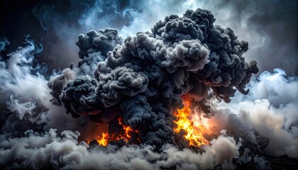 Dramatic Volcanic Eruption with Fiery Orange Flames and Thick Billowing Smoke Clouds on a Dark Background