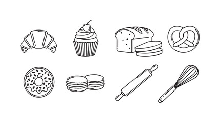 Hand-drawn baking icons featuring croissant muffin bread pretzel donut and utensils vector