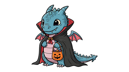 Cute Dragon in Halloween Costume: A charming illustrated dragon, adorned in a Dracula-esque cloak and holding a jack-o'-lantern treat bag, celebrates Halloween with a delightful, fantastical flair.
