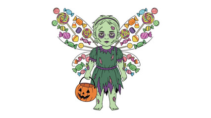 Halloween Fairy with Candy Wings: A spooky yet enchanting fairy, with candy wings, holds a pumpkin basket against a plain backdrop, designed for a Halloween celebration.