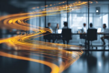 Group of professionals in a meeting, with abstract golden light streaks in the foreground