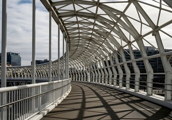 Photo of modern curved pedestrian bridge with intricate steel and glass structure