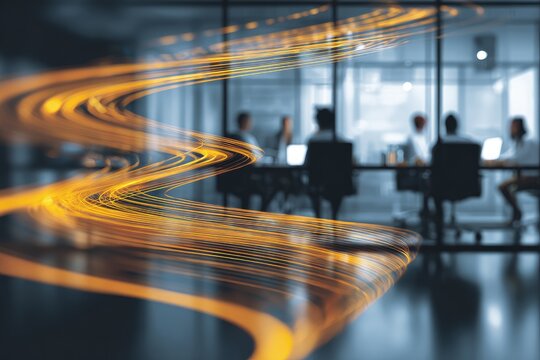 Group of professionals in a meeting, with abstract golden light streaks in the foreground - Powered by Adobe
