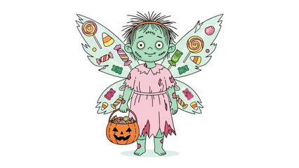 Halloween Fairy illustration: A whimsical illustration depicts a fairy with green skin, wearing a pink dress, adorned with candy-themed wings and holding a pumpkin bag.